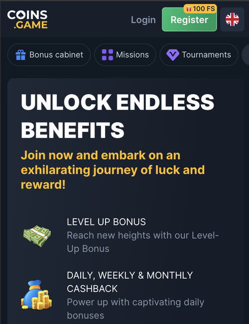 coins.game bonus cabinet listing the level up bonus and daily, weekly and monthly cashback