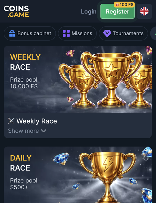 coins.game weekly race with a 10,000 free spin prize pool above the daily race
