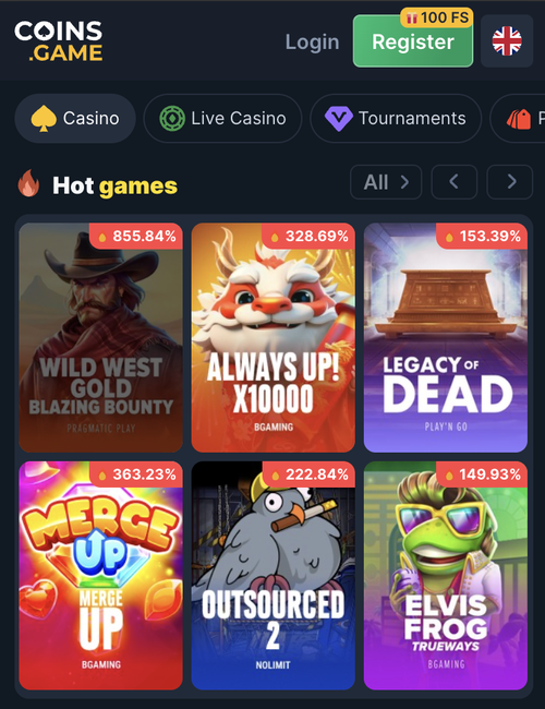 coins.game hot games rail with wild west gold, always up x10000, legacy of dead and merge up
