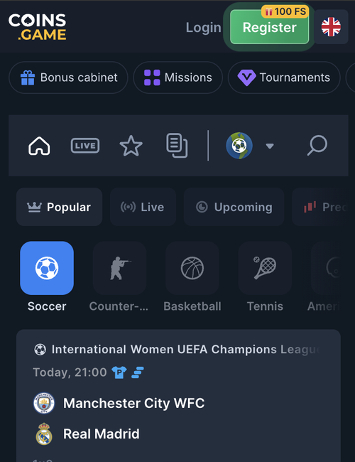 coins.game sportsbook with soccer, basketball and tennis tabs and a champions league fixture