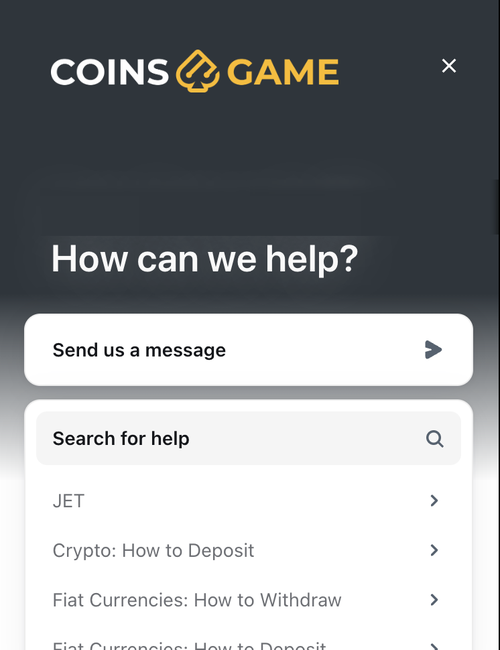 coins.game help center with a send us a message button and deposit and withdrawal guides