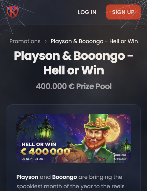 kryptosino promotion page for the playson and booongo hell or win €400,000 prize pool