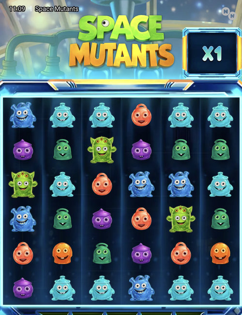 space mutants slot by nownow gaming on mobile showing the 6x6 alien cluster grid