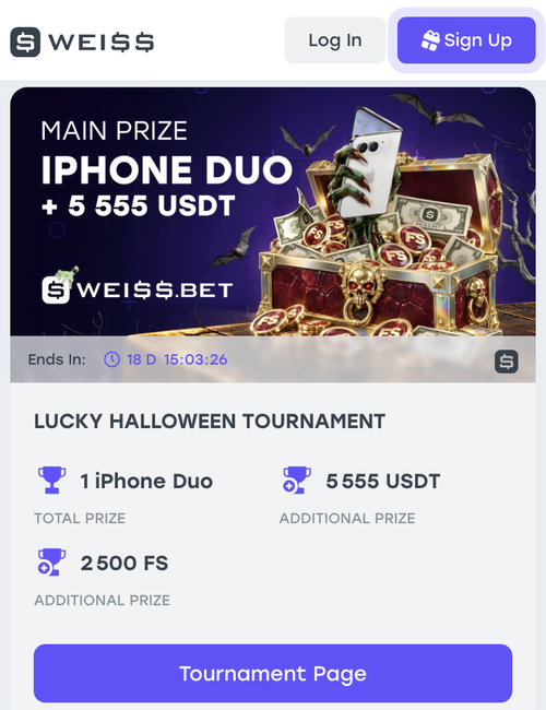 weiss lucky halloween tournament page showing the iphone duo main prize and 5,555 usdt
