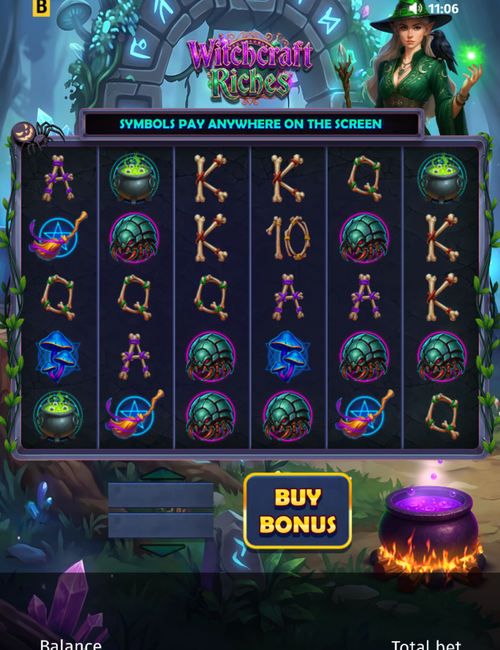 witchcraft riches slot by bgaming on mobile showing the 6x6 grid and buy bonus button
