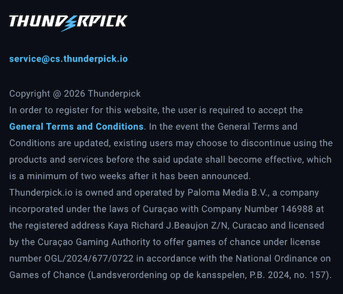 example of license information at thunderpick casino